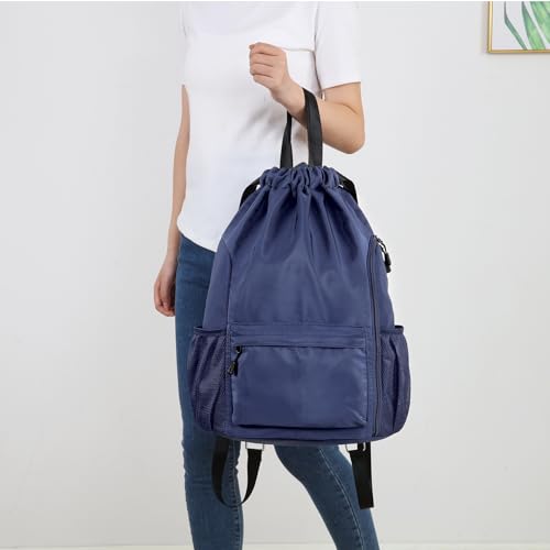 Valleycomfy Waterproof Drawstring Gym Backpack Bag for Men&Women Dark Blue | Sports Gym Bag with Side Pocket - color: A-dark Blue