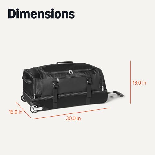 Amazon Essentials Wheeled Rolling Duffel Bag, 30-Inch (76.2 cm) Checked-Size, Expandable, Shoe Compartment, Telescoping Handle, Black - size: 30 inches