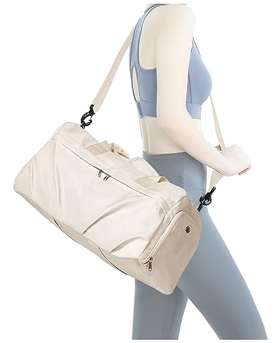 Gym Bag for Women Men with Shoe Compartment, Sport Duffel Bag, Waterproof Travel Weekender Overnight Carry on Bag for Yoga with Trolley Sleeve, Beige - color: A6-Beige