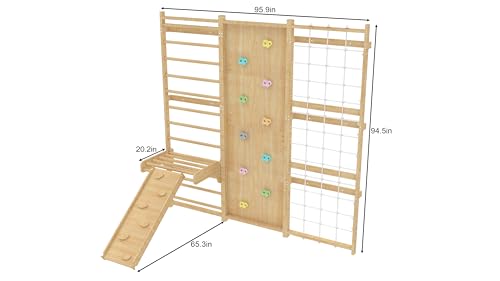 Avenlur Walnut Modular 9-in-1 Swedish Ladder Wall Gym, Kids Climbing Wall | 94.5-Inch Modular Indoor Playground & Jungle Gym: Rock Climbing Wall for Kids, Monkey Bars, Slide, Swing, Rope Net