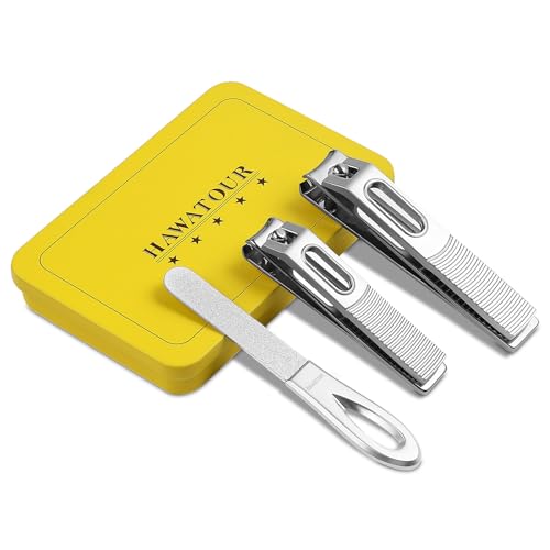 HAWATOUR Nail Clippers Set Zinc Alloy 420J2 Stainless Steel, Silver | Ultra Sharp Curved Blade, Fingernail and Toenail Clipper, Visibly Tin Case, Cut-Out Design
