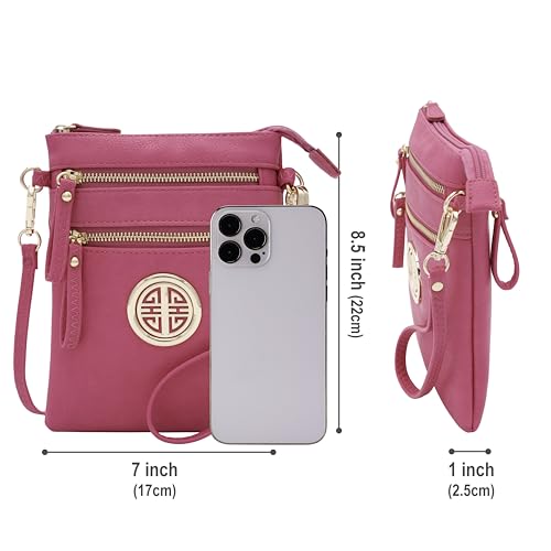 Solene Small Multi Zipper Pockets Crossbody Bag with Detachable Wristlet - color: Fuchsia