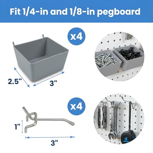 Pegboard Bins and Hooks Set, 4 Pack Open Front Storage Bins with 2 Inch Hooks, Fits 1/4" & 1/8" Pegboard, Heavy Duty Small Parts Organizer for Screws Nails Tools, Garage Workshop Wall Storage