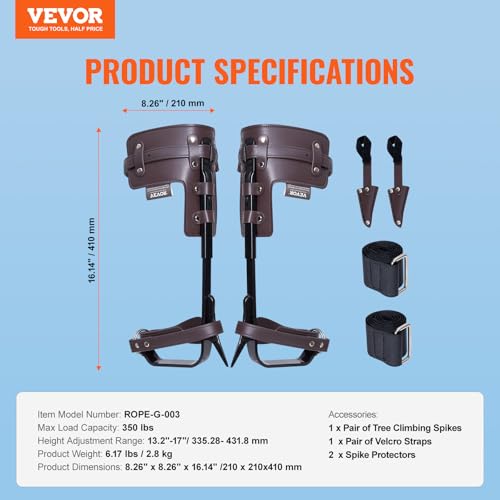 VEVOR Tree Climbing Spikes, 1 Pair Height-Adjustable Climbing Spurs, 350lbs Load Capacity Tree Climbing Gear with Straps, Arborist Equipment for Climbers, Hunting, Fruit Picking - color: Brown (Basic)
