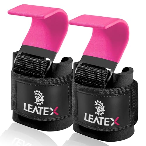 Weight Lifting Hooks (Pair) for Deadlifts, Pull Ups, Rows & Shrugs - Anti-Rip Nylon Strap Hand Grips with Thick Wrist Padding - Heavy Duty Wrist Straps for Weightlifting & Gym Workouts - color: Pink