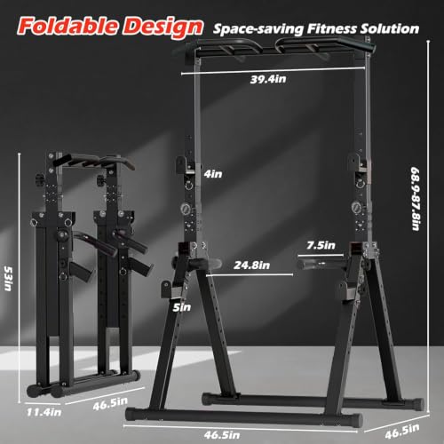 Foldable Power Tower Pull Up Bar Station, Adjustable Height | 700lbs Loading,Free Standing Pull Up Power Tower Station,Portable and Space Saving,fits Woman and Man, Mulit-grips, - color: Black