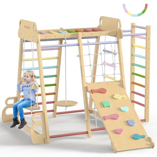 Upgraded Indoor Jungle Gym 9-in-1 Playground Kids Climbing Toys | Waldorf Style Wooden Climber Playset with Slide, Swing, Monkey Bars, Upright/Rope Ladder, Climb Net, Rainbow - color: Rainbow
