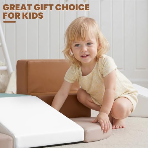 Hoohtoot Foam Climbing Blocks for Toddlers: 6-Piece Soft Play Set - PU Leather Climbing and Crawling Toys - Indoor Baby Learning Gym - Kids Play Structure for Preschool - style: Beige/Ivory