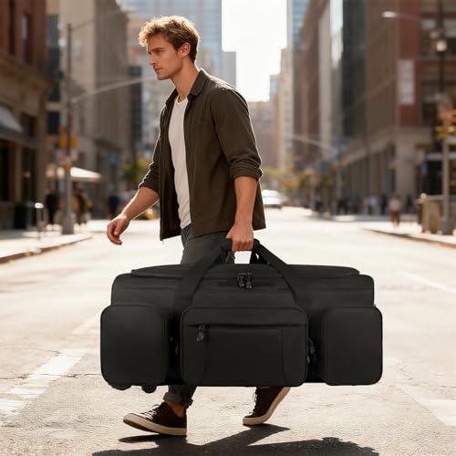 120L 3 Wheel Tactical Rolling Duffle Bag, Heavy Duty Military Deployment Luggage, 900D Waterproof Duffel for Camping Travel Outdoor Sports - color: Black