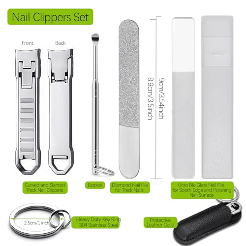 Portable UItra Thin Nail Clippers for Natural Fingernail and Toenails, Stainless Steel Sharp Wide Jaw Folding Travel Finger Nail Cutters with Keychain, Nail File and Earpick Set for Men, Adults - color: Set B