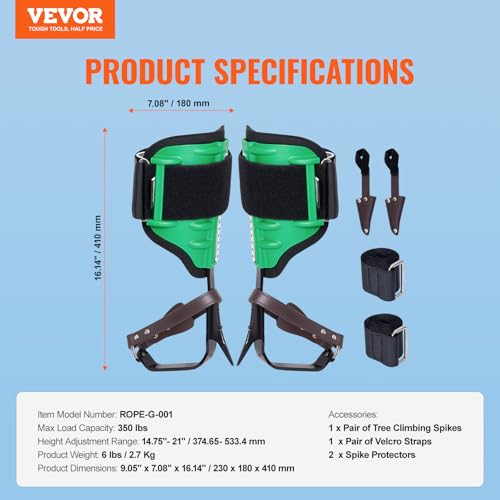 VEVOR Tree Climbing Spikes, 1 Pair Height-Adjustable Climbing Spurs, 350lbs Load Capacity Tree Climbing Gear with Straps, Arborist Equipment for Climbers, Hunting, Fruit Picking - color: Green (Upgraded)
