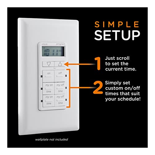 myTouchSmart In-Wall Digital Timer, 4 Programmable On/Off Buttons, 2 Easy On/Off Buttons, 24 Hour Daily Cycles, Blue LED Indicators, with Battery Backup, for Indoor/Outdoor Lights, Fans, 26893 | Manual Override, LED Indicators, Battery Backup Maintains Se