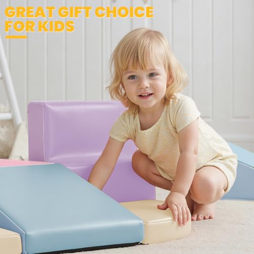 Hoohtoot Foam Climbing Blocks for Toddlers: 6-Piece Soft PU Leather Set - Indoor Climbing and Crawling Toys - Baby Play Gym - Kids Learning Play Structure for Preschool - style: Yellow/Pink