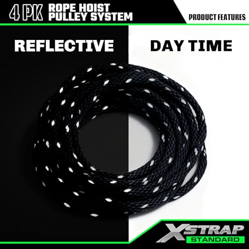 XSTRAP STANDARD Heavy-Duty 50 FT Reflective Rope Hoist Pulley System, Black | Metal Wheels Bearing 2000 LB Breaking Strength Block and Tackle Pulley System for Lifting Heavy Objects, with 2pcs Soft Loops - color: 50 Ft+Reflective Silver Black+2 Soft Loops