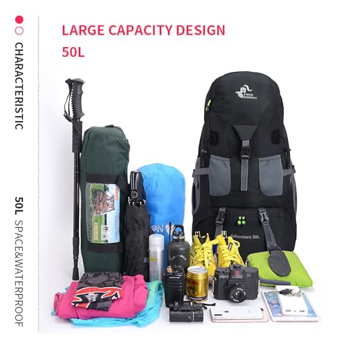 Bseash 50L Hiking Backpack, Water Resistant Lightweight Outdoor Sport Daypack Travel Bag for Camping Climbing Skiing Cycling (Black - No Shoe Compartment) - color: Black - No Shoe Compartment