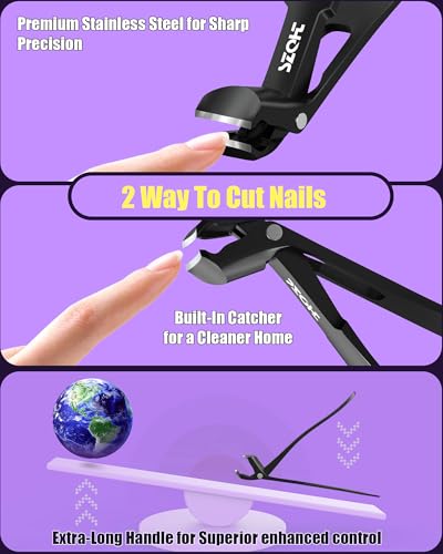 2025 Upgrade Angled Head Nail Clippers for Men, SZQHT Toenail Clippers for Seniors Thick Toenails, Large Toe nail Clippers with Catcher, Extra Wide Handle, Sharp Heavy Duty Stainless Steel Nail Cutter - style: Black
