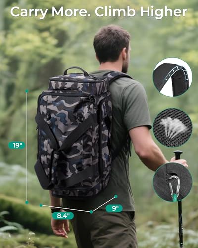 BAGSMART 4-IN-1 Gym Bag for Women Men, TSA Duffle Bag for Travel | With Shoe Compartment & Wet Pocket, 22L/30L/38L Tactical Backpack with 40oz Water Bottle Holder, Lightweight, Water-resistant - color: Military Black