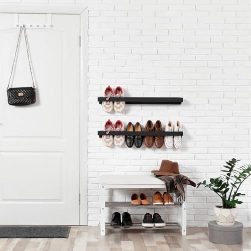 Wenqik 2 Pcs Wall Mounted Wooden Shoe Rack 30 Inch Rustic Wood Wall Hanging Shoe Rack Space Saving Footwear Holder Shoes Storage Organizer for Mudroom, Entryway, Closet (Black) - color: Black