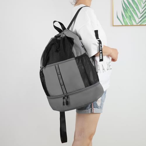 Valleycomfy Drawstring Gym Bag Sports Backpack With Shoe Compartment Grey | Reflective Strips Top Handle - color: Grey08