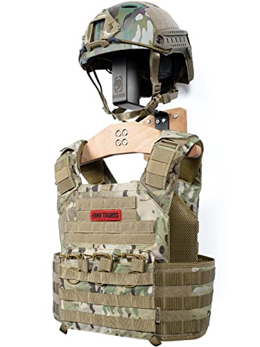 ONETIGRIS Tactical Gear Wall Mount Heavy Duty Holder for Vest & Moto Helmet | Helmet, plate carrier & belt storage, 88 LB combined load capacity, nature wood & steel construction, easy set up, all-in-one - color: Natural