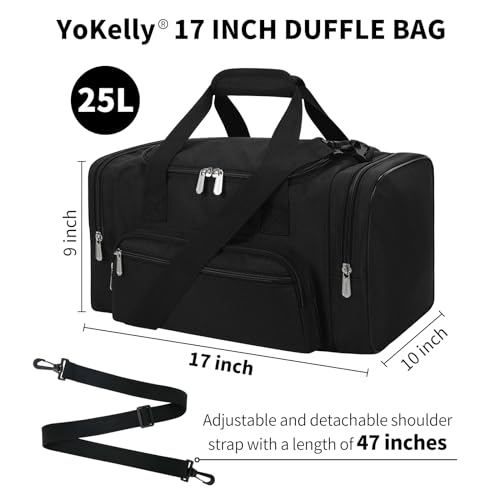 Small Duffel Bag, 17 inch, Black | 25L, Multi Pockets, Carry On, Weekender Bag, Travel Gym Sport, 17x10x9 in - color: Black, size: 17 inch - 1.0
