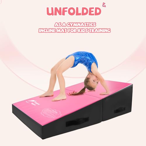Kangaroo Hoppers Gymnastics Cheese Wedge Mat for Kids Ages 1-12 | 3 Sizes Folding Incline Mat with High-Density EPE Foam and Removable PVC Leather Cover, Home Gym Training Equipment - color: Black/Hot Pink, size: 34" x 24" x 13"