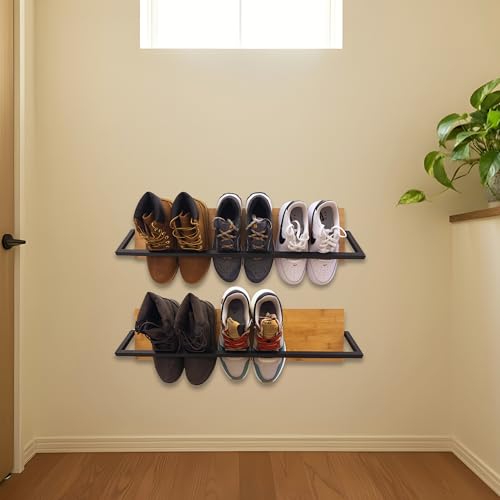 Wall Mounted Shoe Rack Scandinavian Bamboo & Metal Shoe Storage, Space-Saving Organizer for Entryway & Hallway, Fits All Shoe Sizes, Hanging Shoe Rack
