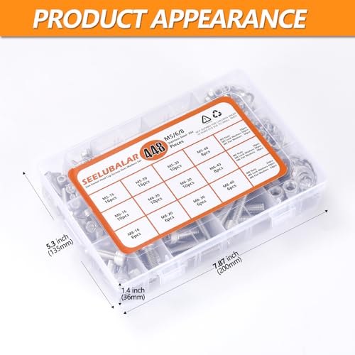 448 pcs M5/M6/M8 Metric Hex Head Socket Cap Bolt & Nut Assortment,304 Stainless Steel Metric Machine Screws, Hex Socket Head Cap Screws Nuts and Bolts Assortment Kit with Flat & Lock Washers - size: M5/M6/M8 - 448PCS