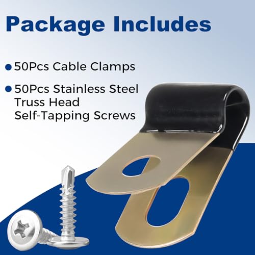50 Set 1/4 Inch Cable Clamps,Vinyl Coated Cable Clamp with 304 Stainless Steel Truss Head Self-Tapping Screws,Metal Rubber Clamp for Pipe,Hose,Wire Cord Installation(6mm)