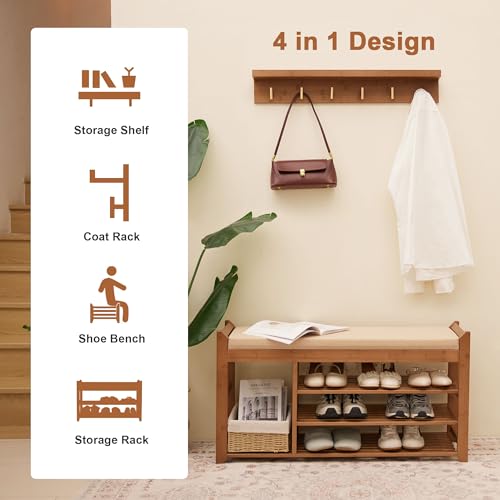 PETKABOO Hall Tree with Bench and Shoe Storage, Coat Rack Shoe Bench Set with Seat Cushion and 6 Hooks for Entryway, Hallway, Living Room and Bedroom - color: Brown, style: 39 in with hook