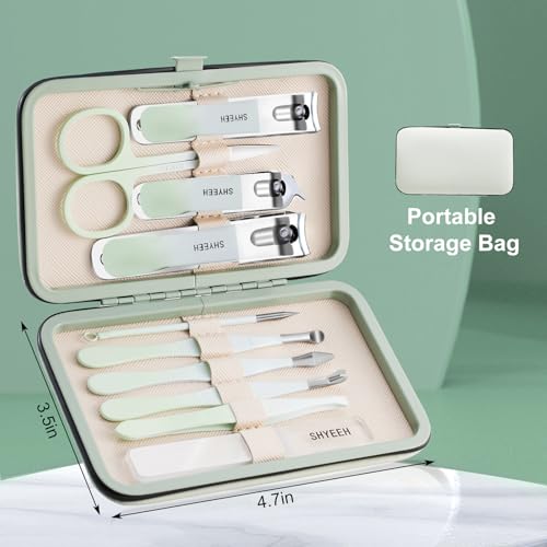 Manicure Set, 10 pcs High-Carbon Steel Nail Clippers Set, Portable Mini Manicure and Pedicure Kit, Travel Grooming Nail Kit with Leather Bag for Men and Women - color: Green