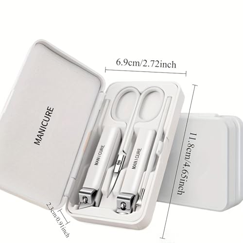 Manicure 5-in-1 Compact Nail Care Kit, Stainless Steel Nail Clippers with Nail File and Scissors, White, Portable Travel Manicure Set