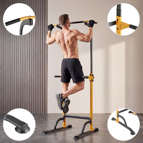 Power Tower Pull Up Bar Station - 330 LBS Stable Multi-Function Gym Dip Station for Home Strength Training Equipment - 10 Adjustable Heights Heavy Duty Pull-Up Tower with h-Shaped Base & Push-Up - color: Yellow