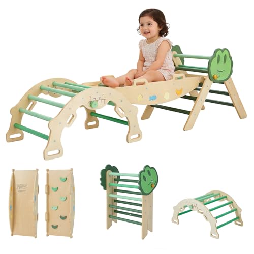 Takywep Pikler Triangle Set, 7-in-1 Foldable Pikler Triangle Climbing Toys Set with Arch & Ramp & Ladder, Indoor Playground Gym, Wooden Montessor Climbing Set for Kids Toddler - color: Green-frog