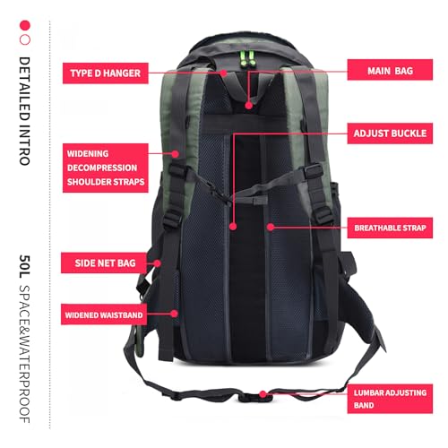 Bseash 50L Hiking Backpack, Water Resistant Lightweight Outdoor Sport Daypack Travel Bag for Camping Climbing Skiing Cycling (Army Green - With Shoe Compartment) - color: Army Green - With Shoe Compartment