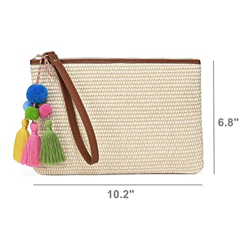 Luxury Straw Wristlet Pouch Beach Clutch Bag Small Summer Vacation Purse w. Colorful Pom Poms Tassels for Women - color: Beige
