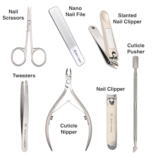 Beauty Power Manicure Pedicure Set 7-in-1 Stainless Steel, Ultra Sharp, Slanted Nail Clipper, Fingernail Clipper, Cuticle Nipper, Glass Nail File, Eyebrow Tweezers, Scissors, Case - Gift Idea - Gray