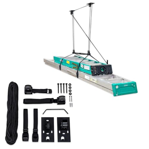 StoreYourBoard Ladder Storage Ceiling Pulley System, Garage Mount Hoist, Heavy Duty Hanging Organizer Holds 150 lbs