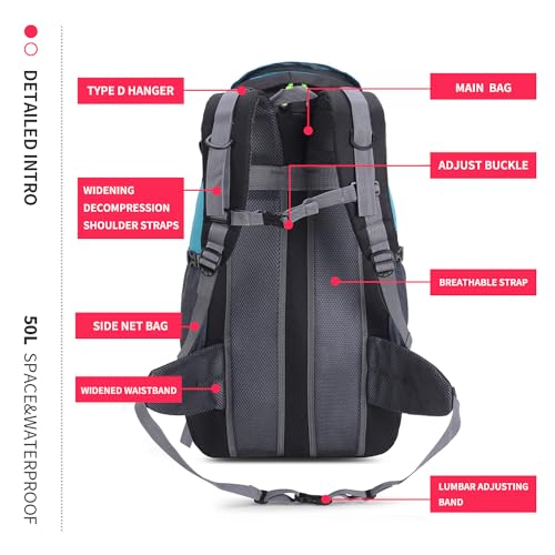 Bseash 50L Hiking Backpack, Water Resistant Lightweight Outdoor Sport Daypack Travel Bag for Camping Climbing Skiing Cycling (Lake Green - No Shoe Compartment) - color: Lake Green - No Shoe Compartment