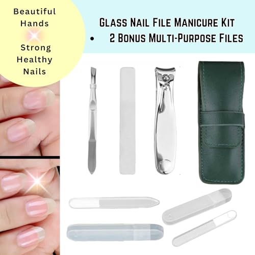 All-in-One Glass Nail File Kit with Case – Compact Vegan Leather Manicure Set with Tweezers, Clippers, Buffer & Cuticle Pusher + 2 Bonus Glass Nail Files in Cases – Travel Gift for Women & Men