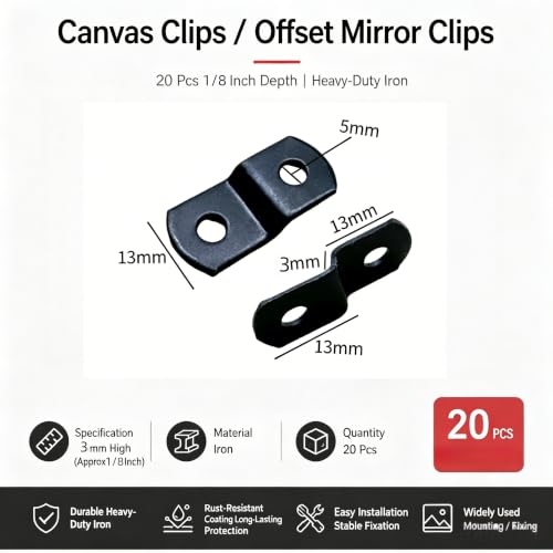 1/8" Depth Flat Offset Canvas Clips, Black Z Shaped Heavy Duty Double Hole Picture Frame Clips for Canvas Framing Hardware with Screws, 20Pcs - size: 1/8 Inch