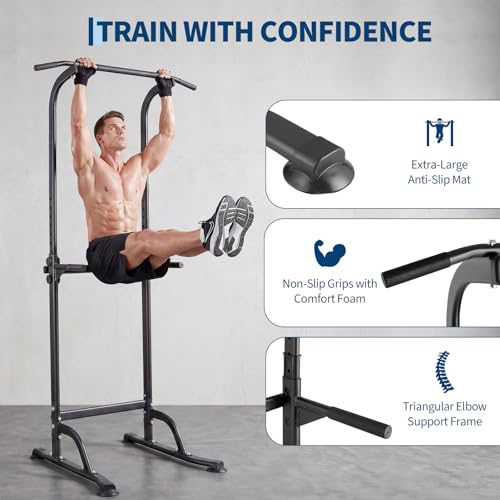Power Tower Pull Up Bar Station - 330 LBS Stable Multi-Function Gym Dip Station for Home Strength Training Equipment - 10 Adjustable Heights Heavy Duty Pull-Up Tower with h-Shaped Base & Push-Up - color: Black
