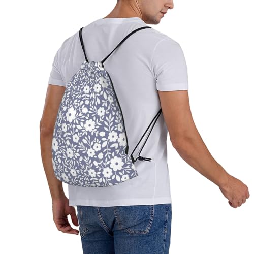 Compact Cinch Carry Sack Navy White Floral Pattern Washable Sackpack for Climbing - color: 1