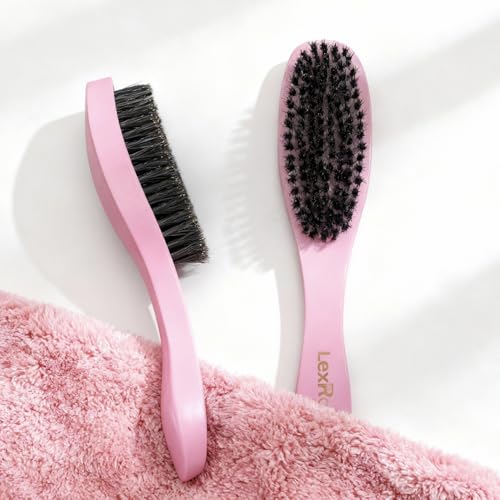 Boar Bristle Slick Back Hair Brush - Edge Control Hairbrush for Women Men | Medium Hard Natural Slicking Back Brushes for Straight and Curly Hair Smoothing Detangling, Anti-Frizz (Pink)
