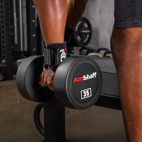 AmStaff Fitness Weight Lifting Hooks (Pair) - Gym Wrist Straps with Steel Hooks for Weightlifting, Pull-Ups, Deadlifts, Strength Training, and Fitness Workouts - Adjustable Neoprene Wrist Support - color: Red