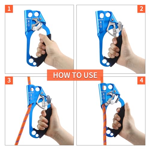 NewDoar UIAA & CE Certified Hand Ascender Rock Climbing Tree Arborist Rappelling Gear Equipment Rope Clamp for 8~13MM Rope - color: Blue-Right