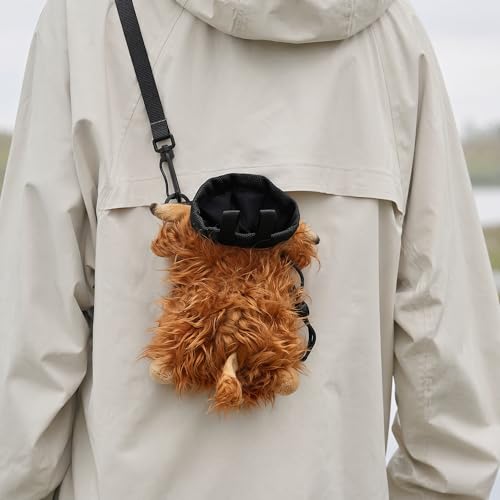 Funny Highland Cow Rock Climbing Chalk Bag, Soft Fluffy Cow Climbing Chalk Pouch with Drawstring Adjustable Belt, Fit Bouldering, Gymnastics Outdoor Activities for Climbers - color: beige