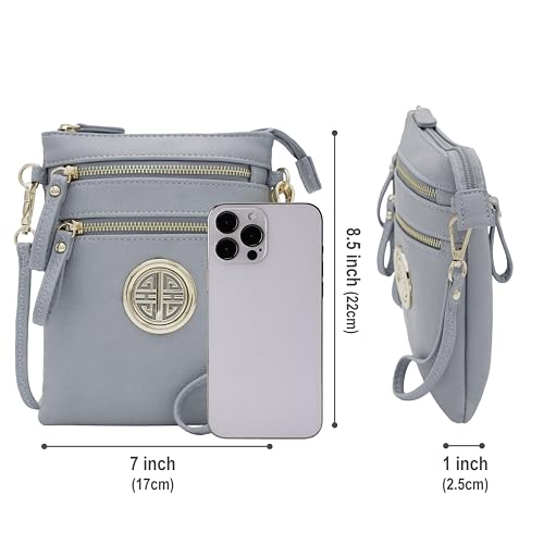 Solene Small Multi Zipper Pockets Crossbody Bag with Detachable Wristlet - color: Blue Grey