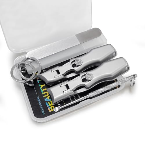 Curved & Slanted Nail Clipper Set, Wide Jaw with Folding Safety Lock, Heavy Duty Stainless Steel Toenail Clippers with File & Ear Pick, Anti-Splash for Thick Ingrown Nails for Seniors, Men - color: Curverd & Slanted Set