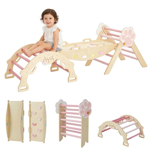 Takywep Pikler Triangle Set, 7-in-1 Foldable Pikler Triangle Climbing Toys Set with Arch & Ramp & Ladder, Indoor Playground Gym, Wooden Montessor Climbing Set for Kids Toddler - color: Pink-cat